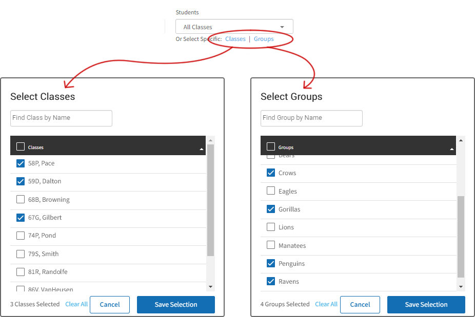 Examples of the pop-up windows that appear when the Classes or Groups links are selected. In each case, a search field at the top lets you search for specific classes or groups; a check box above the listed classes or groups lets you select or deselect all of them at once; and the Clear All link, Cancel button, and Save Selection buttons are at the bottom.