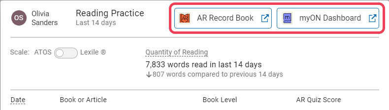 the AR Record Book and myON Dashboard links at the top of the window