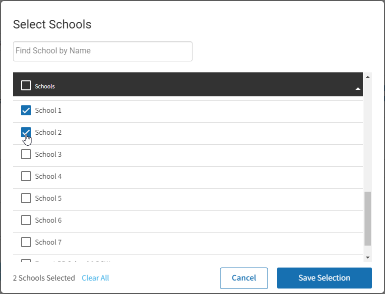 the school selection window with two schools checked