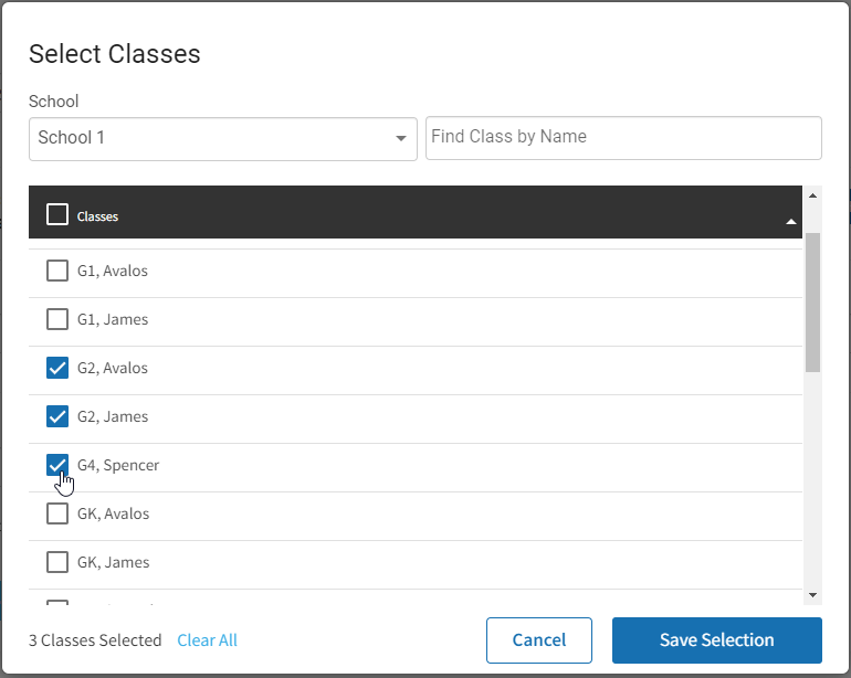 the classes selection window with three classes checked