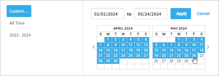 select the range of dates in the calendar, then select Apply