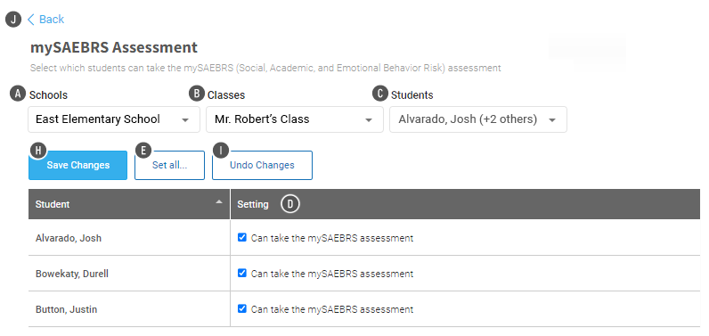 The setting for the preference for three students is shown in a table. The Save Changes, Set All, and Undo Changes buttons are above the table.