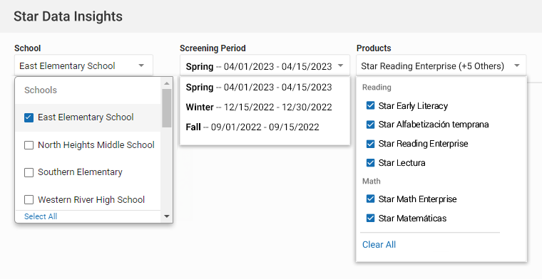 The School, Screening Periods, and Products drop-down lists.