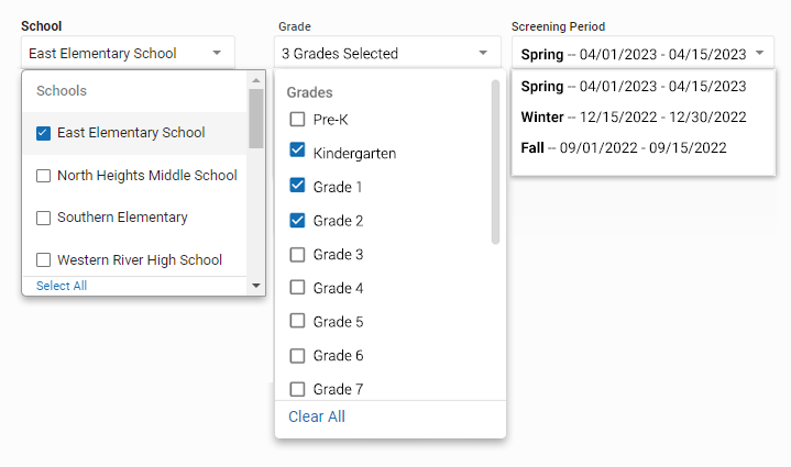 The School, Grade, and Screening Periods drop-down lists.