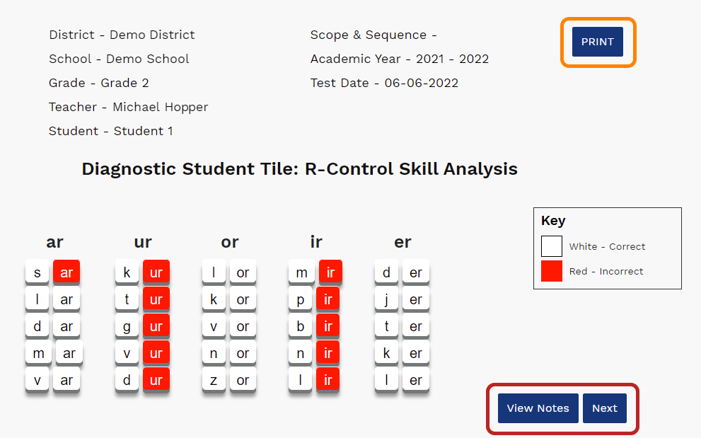 an example of the student tile report with the Print, View Notes, and Next buttons