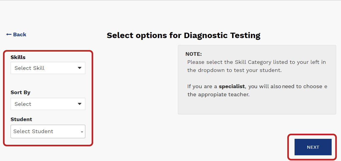 the Diagnostic Test options for skills, sorting, and the student and the Next button
