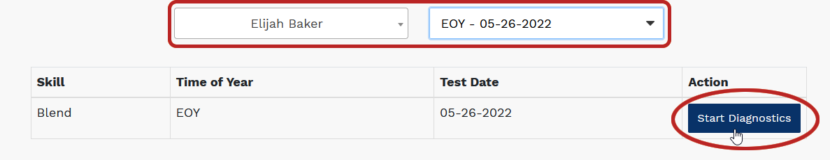 the student and screening test drop-down lists and the Start Diagnostics button