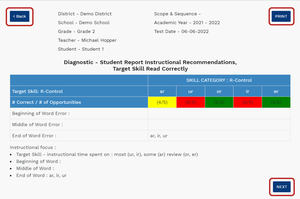 an example of the instructional recommendations with the Back, Print, and Next buttons