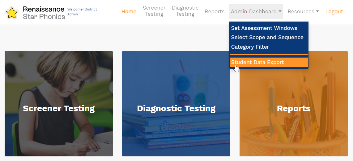 the Admin Dashboard menu and the Student Data Export option