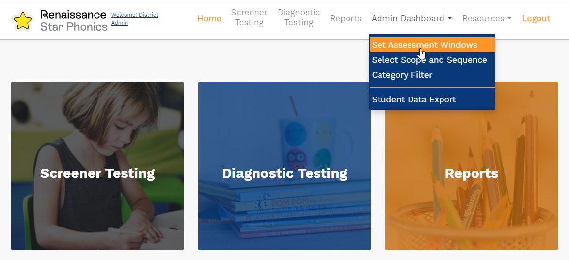 the Admin Dashboard menu and the Set Assessment Windows option