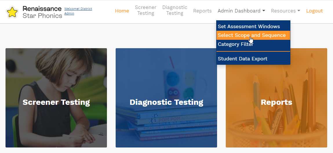 the Admin Dashboard menu and the Select Scope and Sequence option