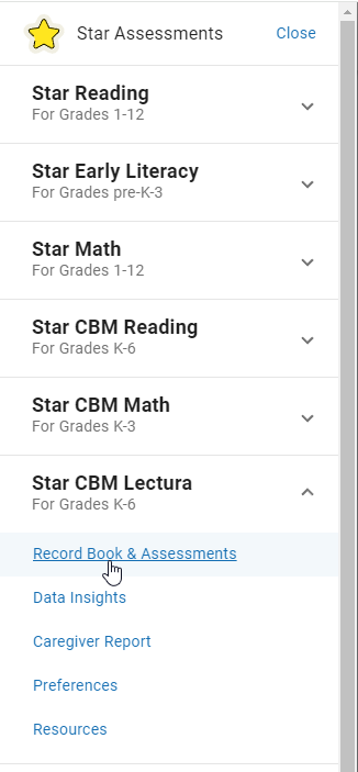 the Star CBM Lectura menu