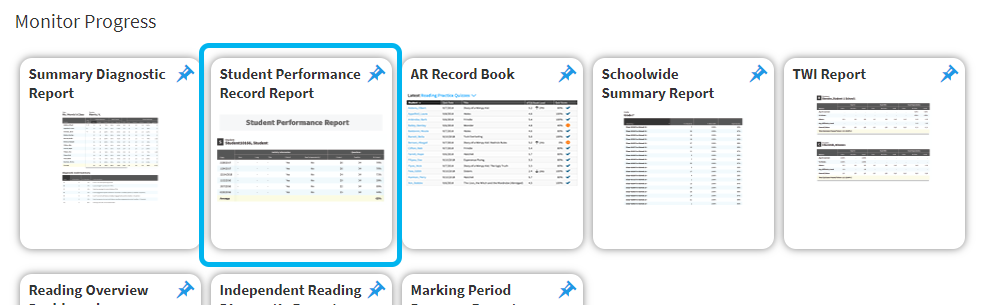 the Student Performance Record Report tile