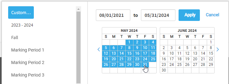 an example of custom dates being selected in the calendar