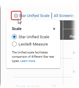 A pop-up window showing the available scales.