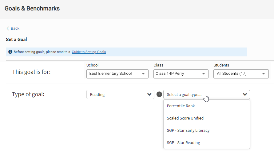 Reading has been selected for the goal category in the first drop-down list; the different goal types for reading are available in the second drop-down list.