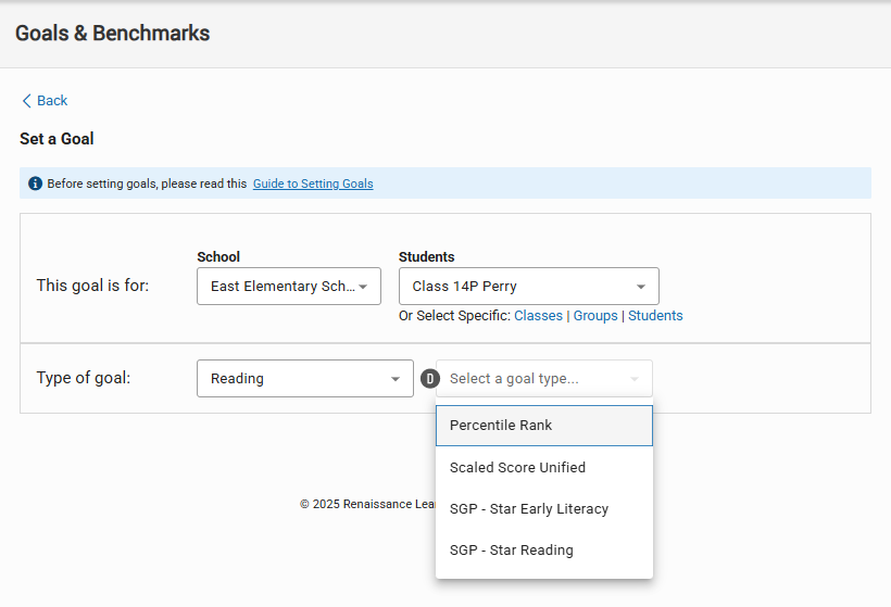 Reading has been selected for the goal category in the first drop-down list; the different goal types for reading are available in the second drop-down list.