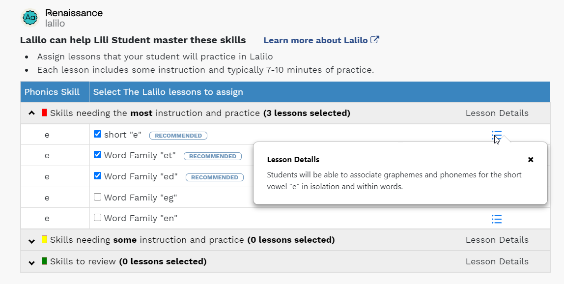 the Lesson details open for one recommended Lalilo lesson