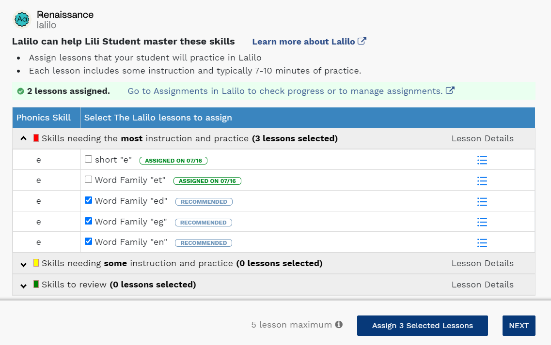 two lessons assigned with additional lessons recommended