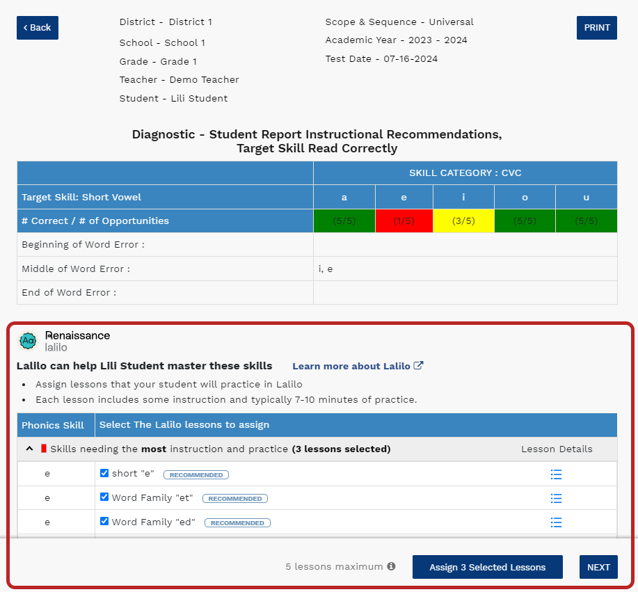 the Instructional Recommendations with recommended Lalilo lessons