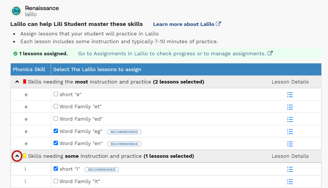 an example showing the lists of both red and yellow skills expanded with lessons recommended from each