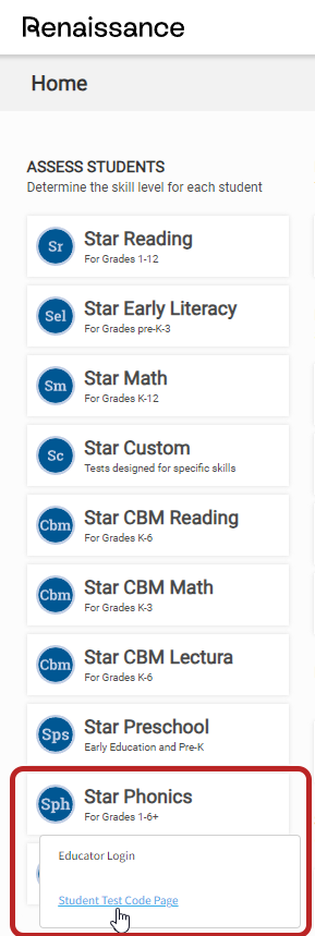 on the Home page, select Star Phonics, then Student Test Code Page