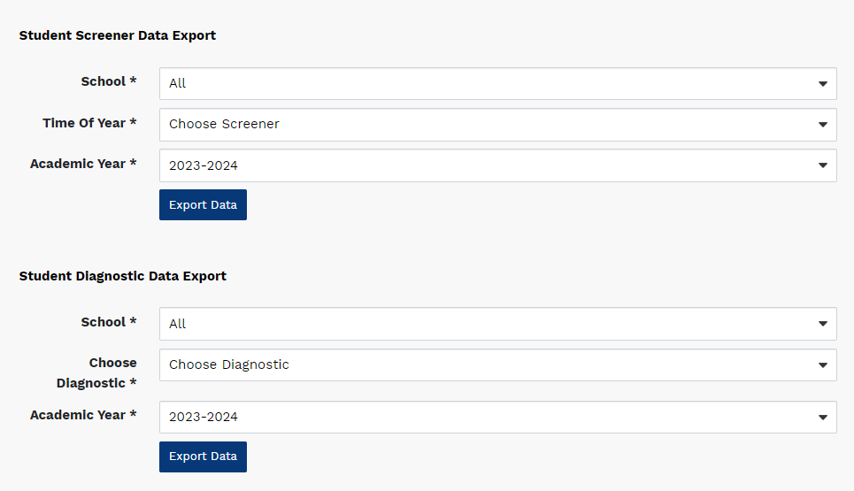 the Star Phonics Data Export page - for screener data exports there are drop-down lists for school, time of year, and academic year, and for diagnostic data exports there are drop-downs for school, choose diagnostic, and academic year