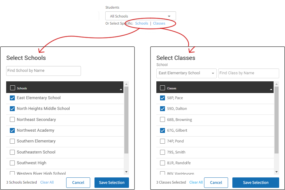 Examples of the pop-up windows that appear when the Schools or Classes links are selected. In each case, a search field at the top lets you search for specific schools or classes; a check box above the listed schools or classes lets you select or deselect all of them at once; and the Clear All link, Cancel button, and Save Selection buttons are at the bottom.