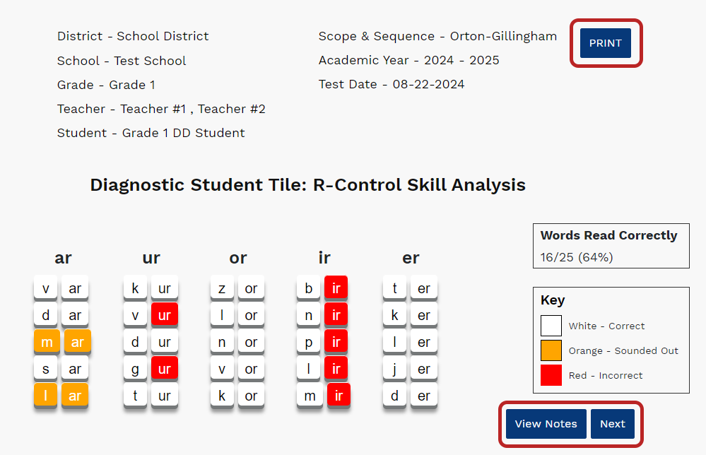 an example of the student tile report