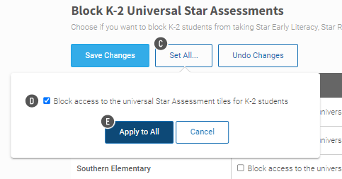 The Set All button has been selected; the setting for all schools is in a pop-up window. The Apply to All and Cancel buttons are at the bottom.