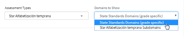 The Domains to Show drop-down list, with two options shown: State Standards Domains (grade specific) and Star Early Literacy Spanish Subdomains.