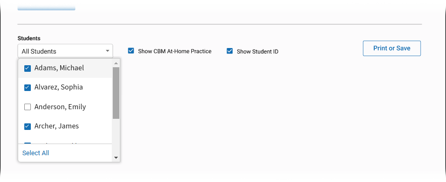 The Students drop-down list and Show CBM At-Home Practice checkbox.