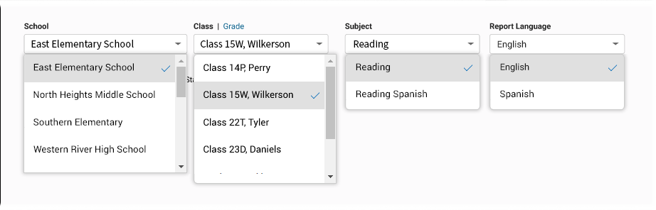 The School, Class / Grade, Subject, and Report Language drop-down lists.