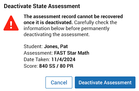 The message reads: Deactivate State Assessment. The assessment record cannot be recovered once it is deactivated. Carefully check the information below before permanently deactivating the assessment. The student's name, assessment, date taken, and score are listed below; the Cancel and Deactivate Assessment buttons are at the bottom.