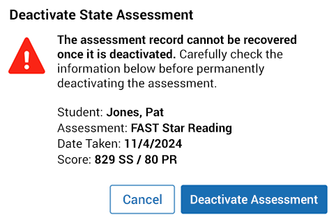 The message reads: Deactivate State Assessment. The assessment record cannot be recovered once it is deactivated. Carefully check the information below before permanently deactivating the assessment. The student's name, assessment, date taken, and score are listed below; the Cancel and Deactivate Assessment buttons are at the bottom.