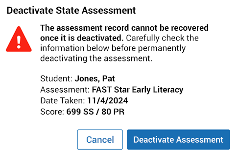 The message reads: Deactivate State Assessment. The assessment record cannot be recovered once it is deactivated. Carefully check the information below before permanently deactivating the assessment. The student's name, assessment, date taken, and score are listed below; the Cancel and Deactivate Assessment buttons are at the bottom.