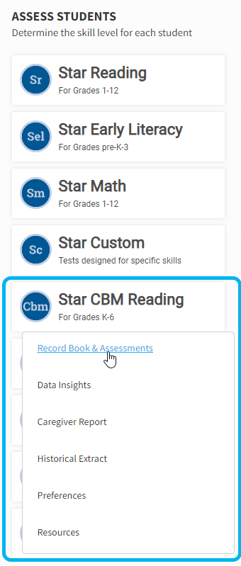 el botón de Star CBM Reading y el menú de opciones