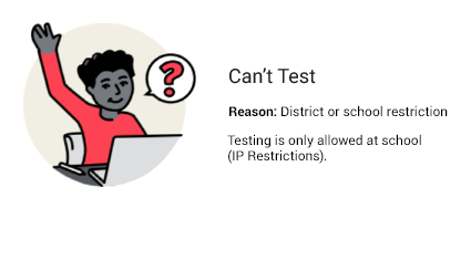 The message reads: Can't Test. Reason: District or school restriction. Testing is only allowed at school (IP Restrictions).