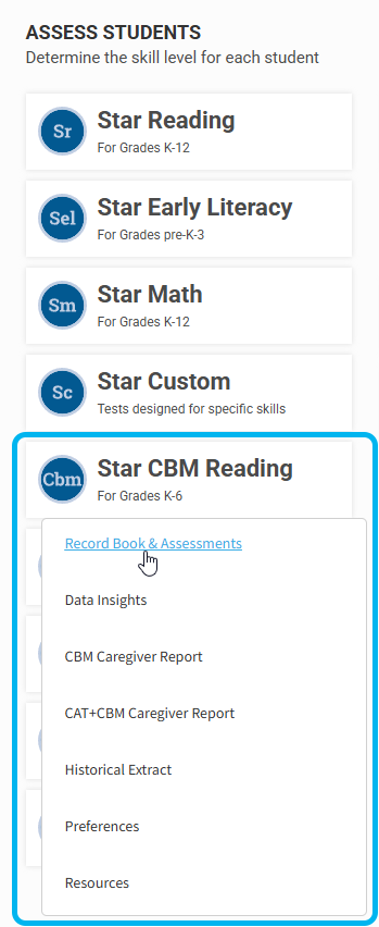 the Star CBM Reading menu