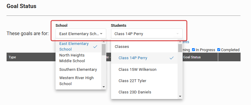 The School and Students drop-down lists.