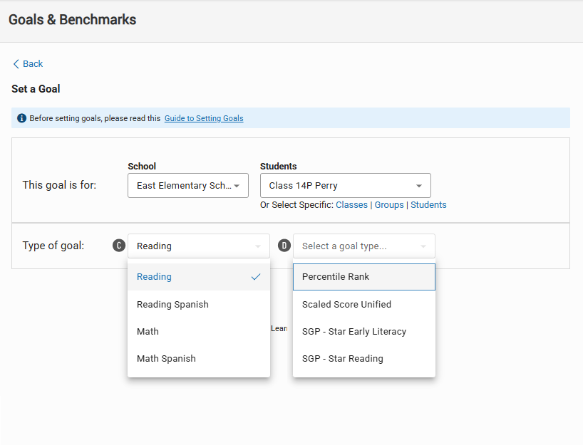 The Set a Goal Page: Reading is the selected goal category, and Percentile
    Rank is the selected goal type.