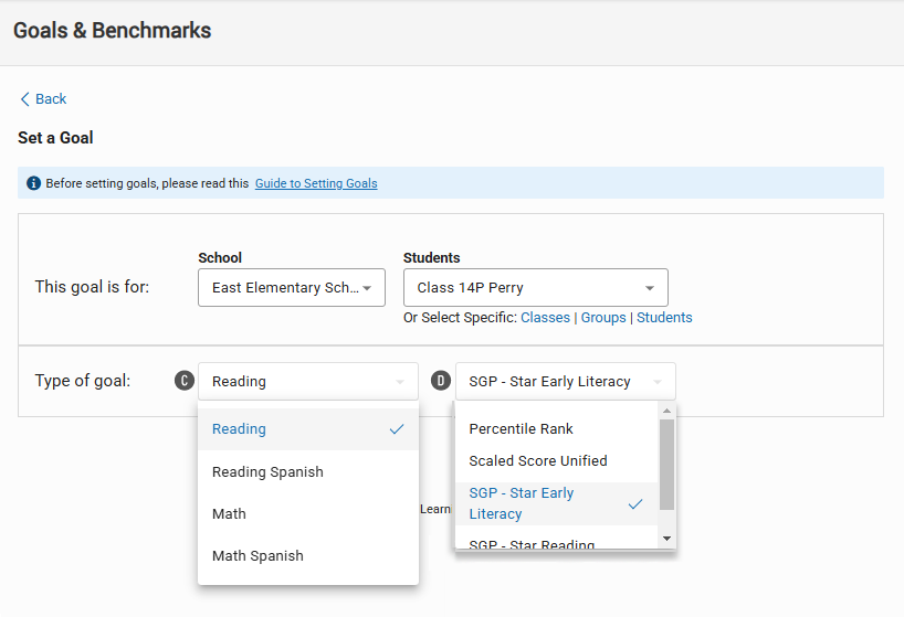 The Set a Goal Page: Reading is the selected goal category, and SGP - Star
    Early Literacy is the selected goal type.