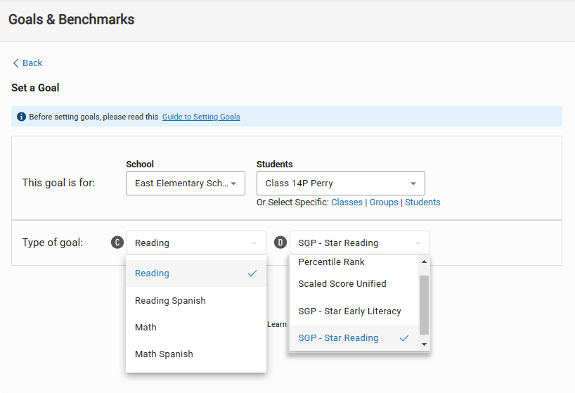 The Set a Goal Page: Reading is the selected goal category, and SGP - Star
    Reading is the selected goal type.