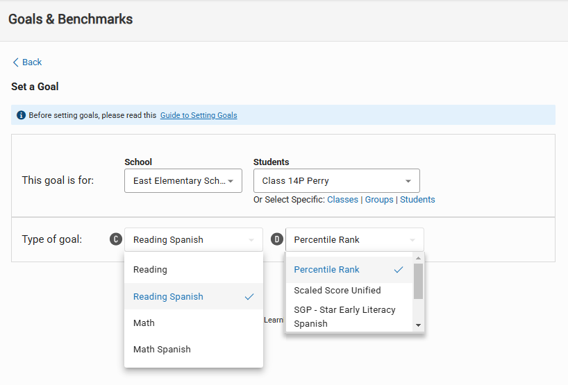 The Set a Goal Page: Reading Spanish is the selected goal category, and Percentile
    Rank is the selected goal type.