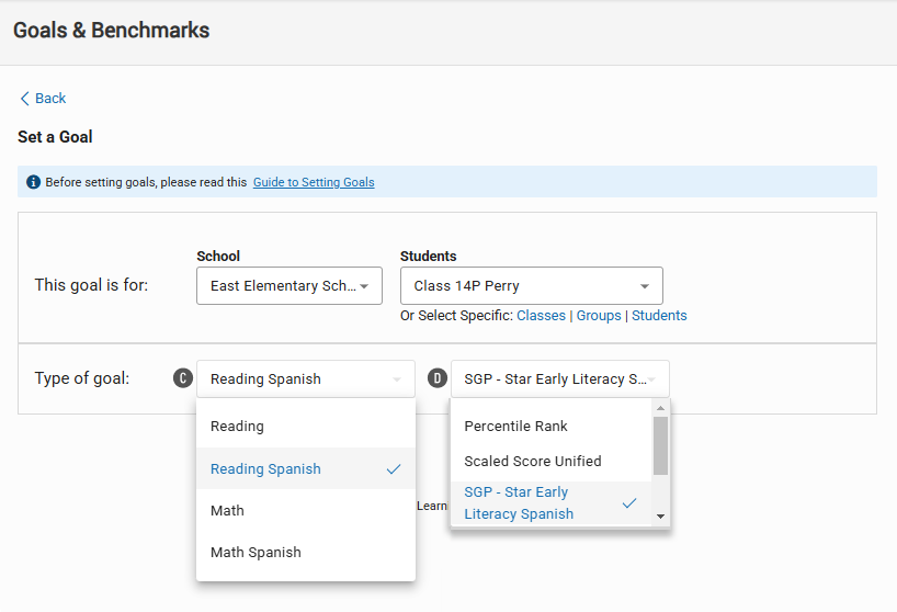 The Set a Goal Page: Reading Spanish is the selected goal category, and SGP - Star Early Literacy Spanish is the selected goal type.