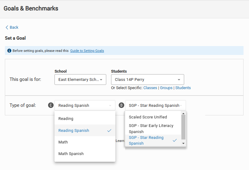 The Set a Goal Page: Reading Spanish is the selected goal category, and SGP
    - Star Reading Spanish is the selected goal type.