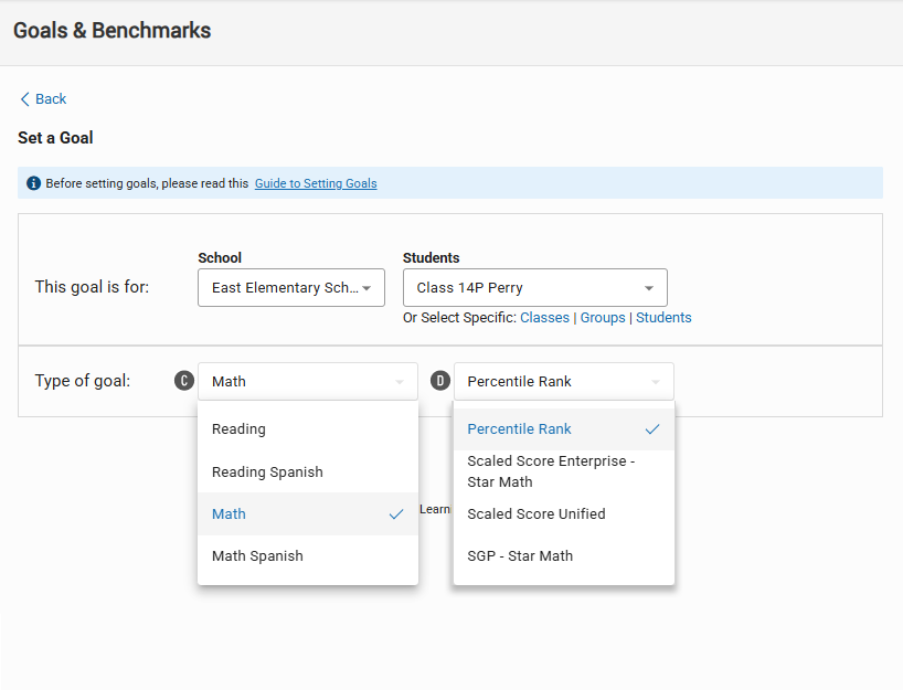 The Set a Goal Page: Math is the selected goal category, and Percentile Rank
    is the selected goal type.