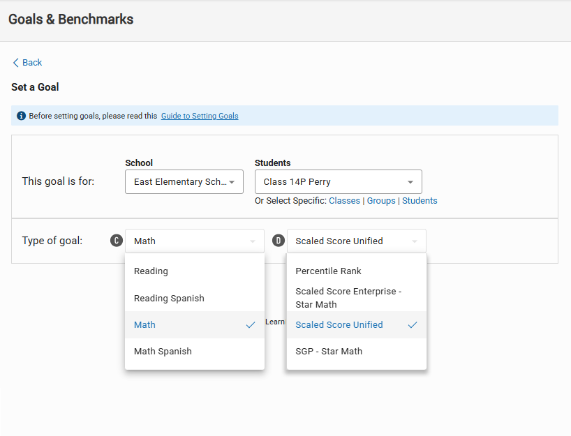 The Set a Goal Page: Math is the selected goal category, and Scaled Score
    Unified is the selected goal type.