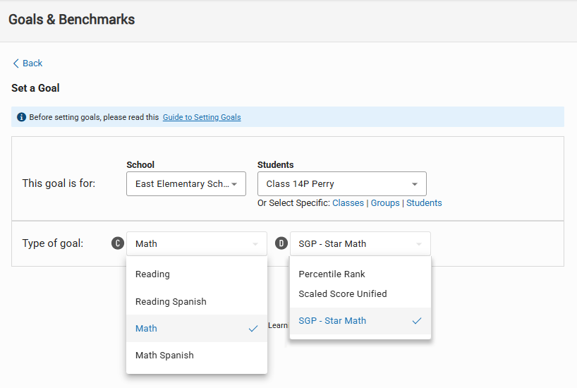 The Set a Goal Page: Math is the selected goal category, and SGP - Star Math is the selected goal type.