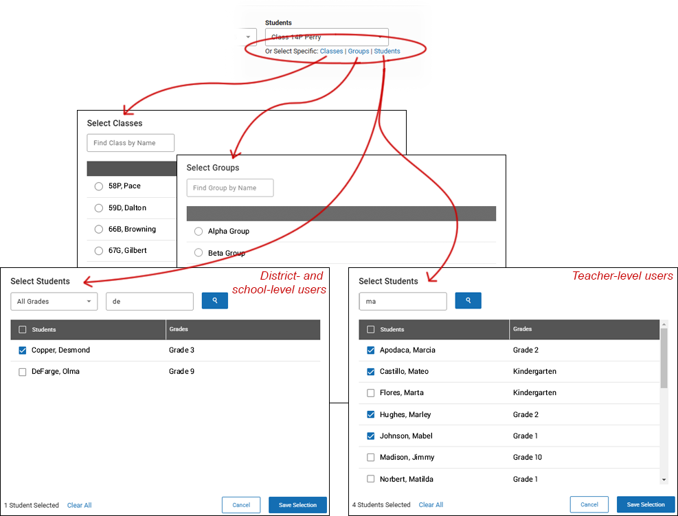 The pop-up windows to use when selecting a specific class, group, or students.